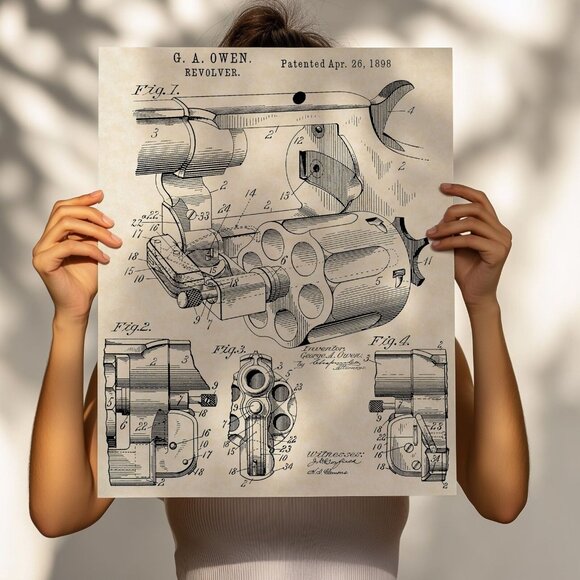 1898 G. A. Owen Revolver Patent Firearm Art 20x16 Vintage Gun Print on Parchment - Picture 6 of 9